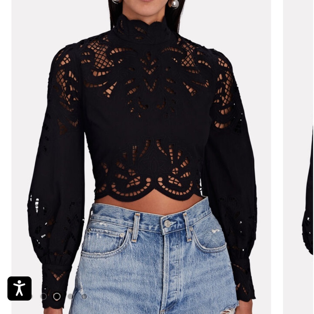 INTERMIX Black Lace High-Neck Cropped Blouse